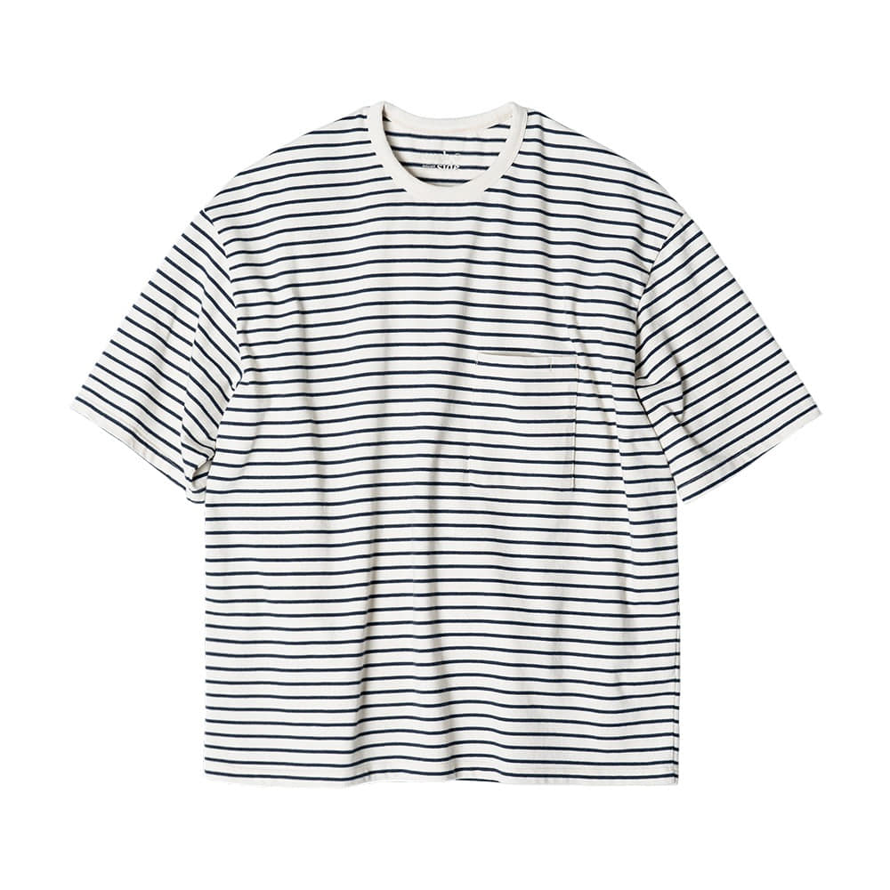 [Rough Side]  Stripe Half T-Shirt Reverse Navy