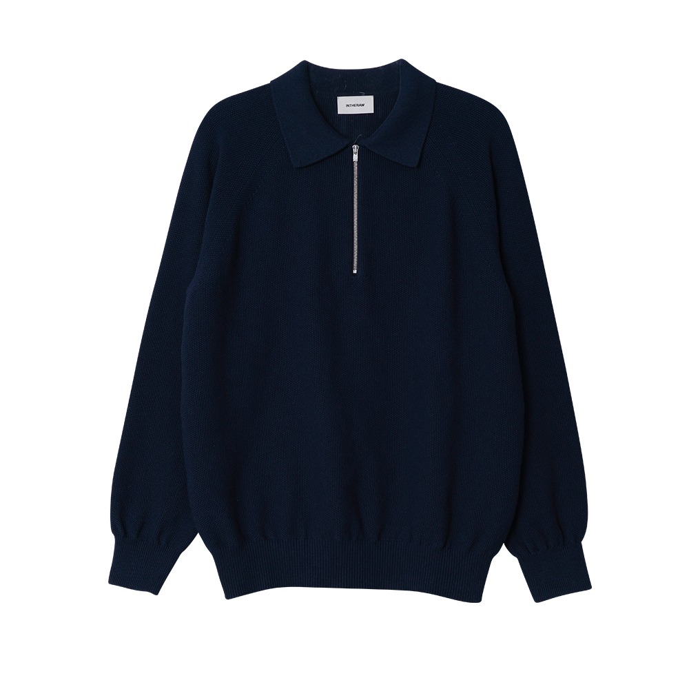 [INTHERAW]  Organic Collar Zip Knit Pullover Navy Blue