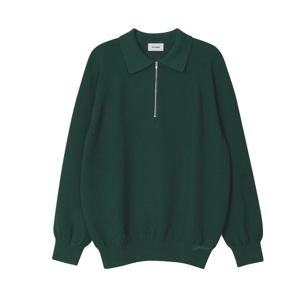 [INTHERAW]  Organic Collar Zip Knit Pullover Green