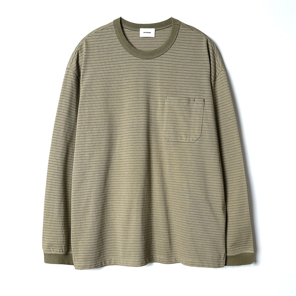 [INTHERAW]  Stripe Crew Panel Long Sleeve Olive Green