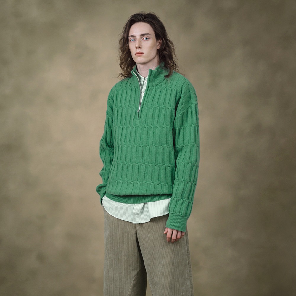 [Shirter]  Half Zip Up Cable Knit Pale Green